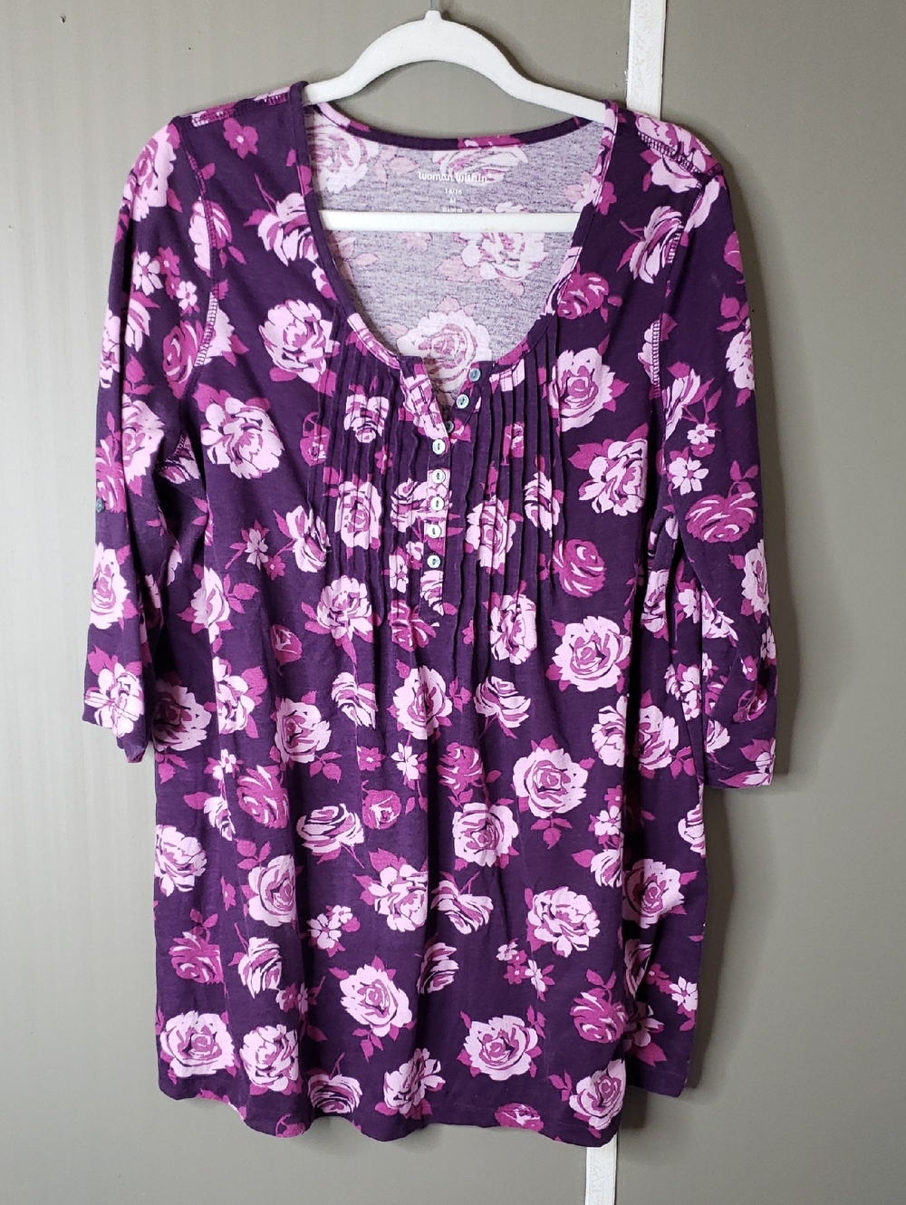 Woman Within Floral Tunic Top 14 W 16W Medium M Purple Pink Scoop Neck